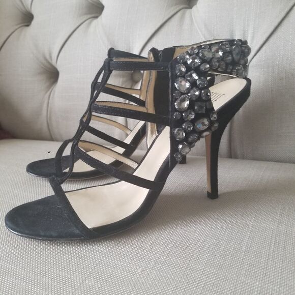 New PELLE MODA | suede heels black shoes t- straps crystals sz 10M - Picture 3 of 4